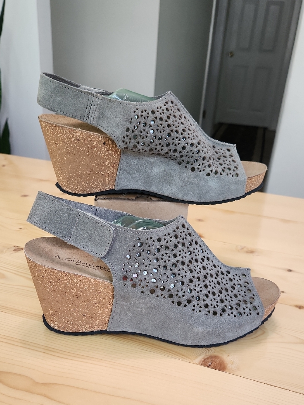 A. Giannetti Gray Perforated Suede Cork Wedge Sandals Size 10